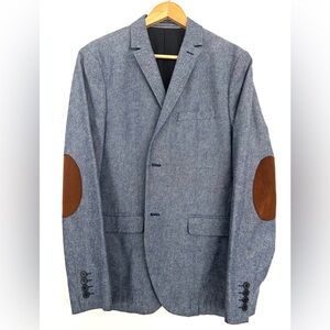H&M Men's Blue Blazer with Brown Elbow Patches